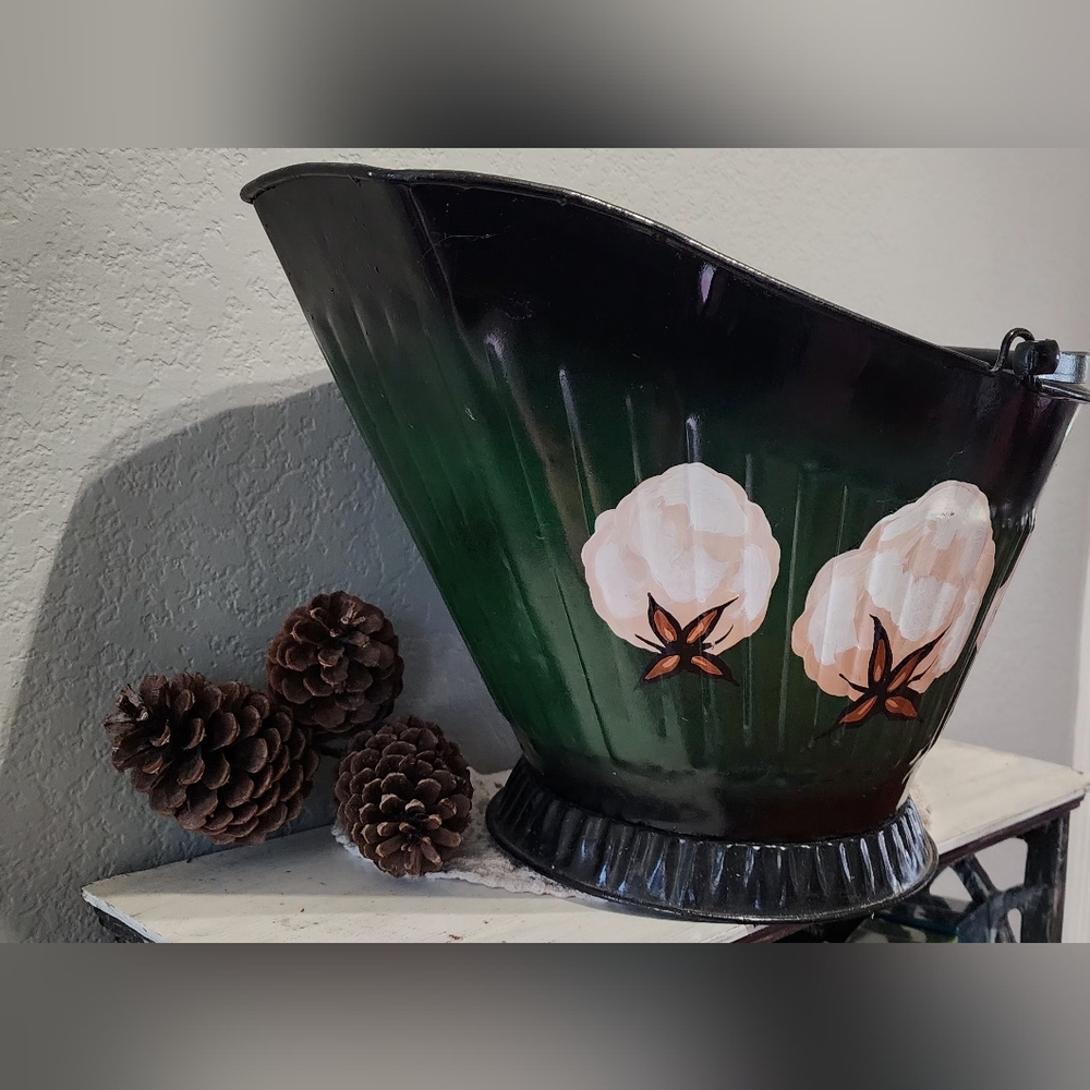 Vintage coal/ash bucket - Green w/ White Painted Cotton Puffs w/artist signature